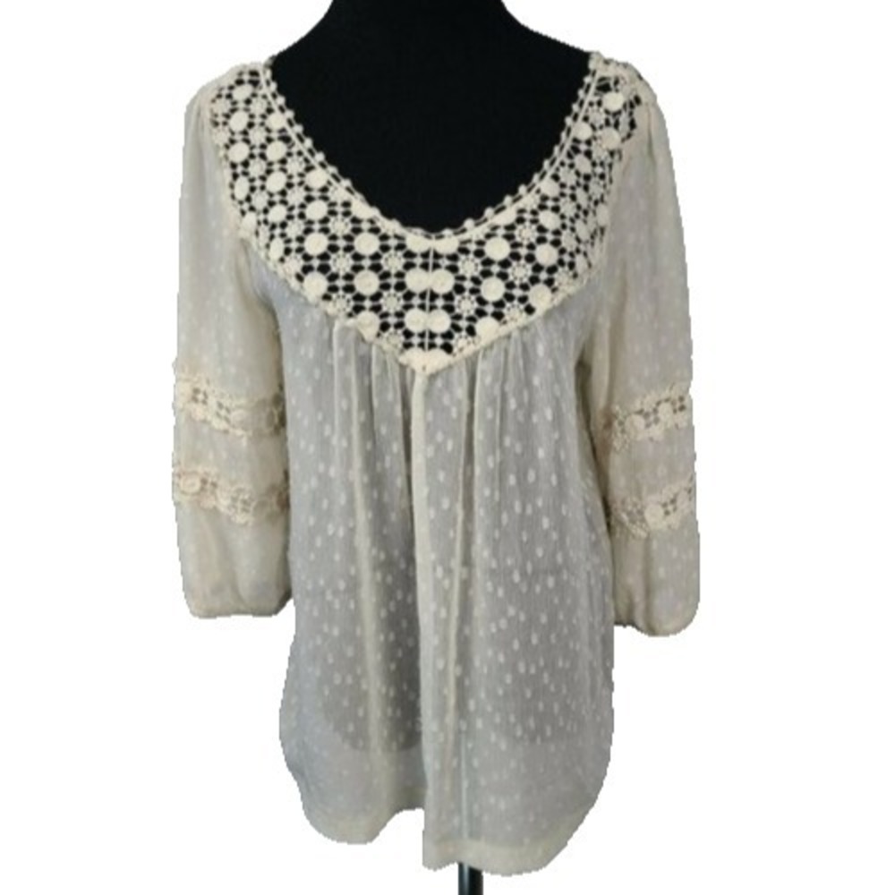 Laffaire Womens Sheer Crochet Top Small Cream 3/4 Sleeve‎ Fairy Romantic BOHO